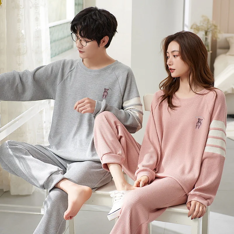 2024 New Waffle Pajamas Set Women and Men Matching Homewear Cotton Spring Long Sleeves Sleepwear for Lovers pijamas para parejas