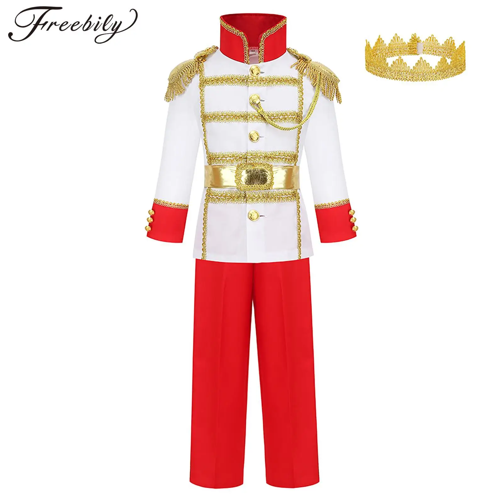 

Kids Boys Prince Costume Halloween Cosplay Jackets with Epaulets Long Pants Waist Belt and Crown Sets for Carnival Dress Up