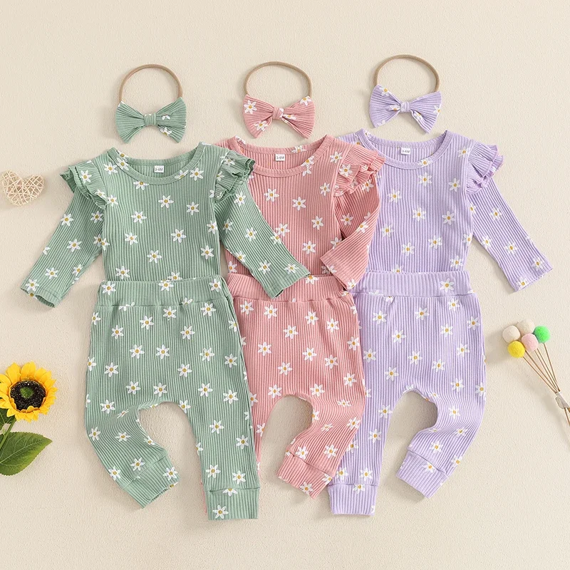 

0-18M Spring Autumn Newborn Baby Girls Clothing Sets Ribbed Floral Print Long Sleeve Bodysuits+Long Pants+Headband Soft Outfits