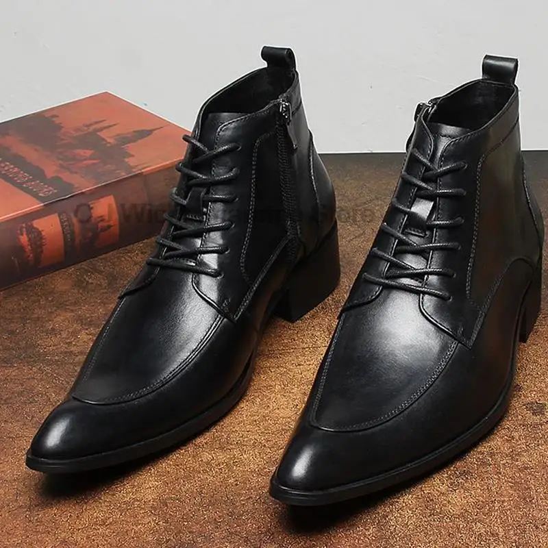 Fashion Men's Boots Genuine Leather Black Gray Lace Up Pointed Toe Wingtip Brogue Male Dress Shoes Wedding Autumn Chelsea Boots