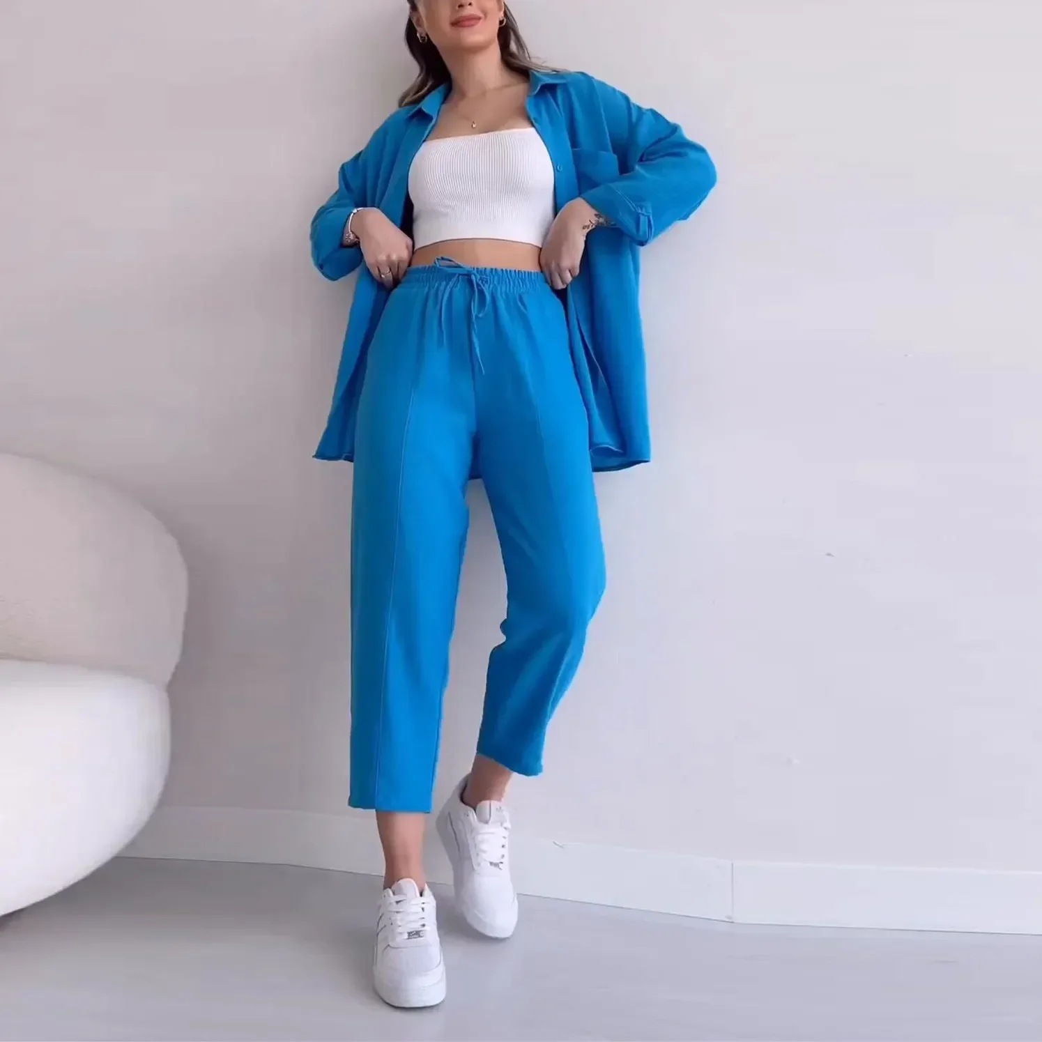 Two-Piece Solid Pant Sets for Women, Turn Down Collar, Loose Fit Outfits, Blouse Suit, Lace-up, Nine-point Pantsuit, Spring