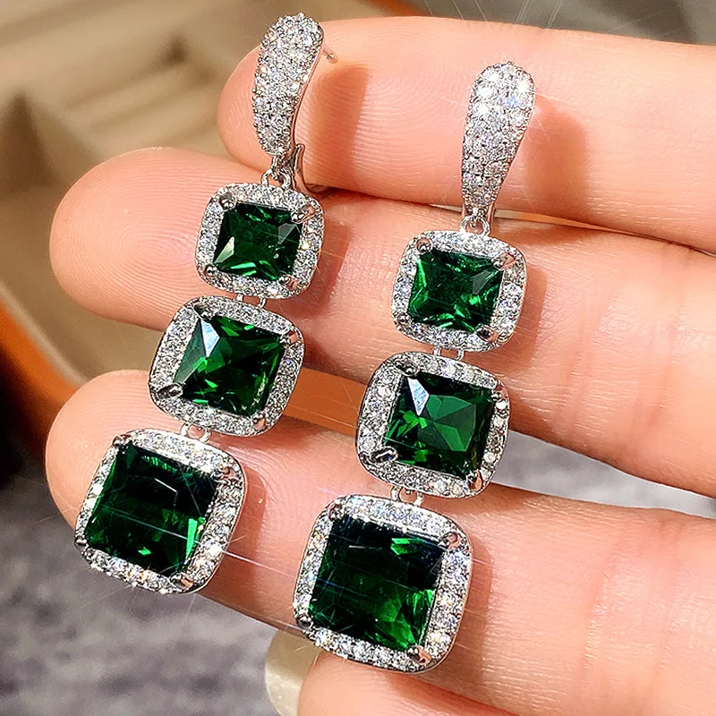 New Luxury Square White Green Zircon Long Tassel Drop Earring for Women Fashion 925 Sterling  Silver Wedding Engagement Jewelry