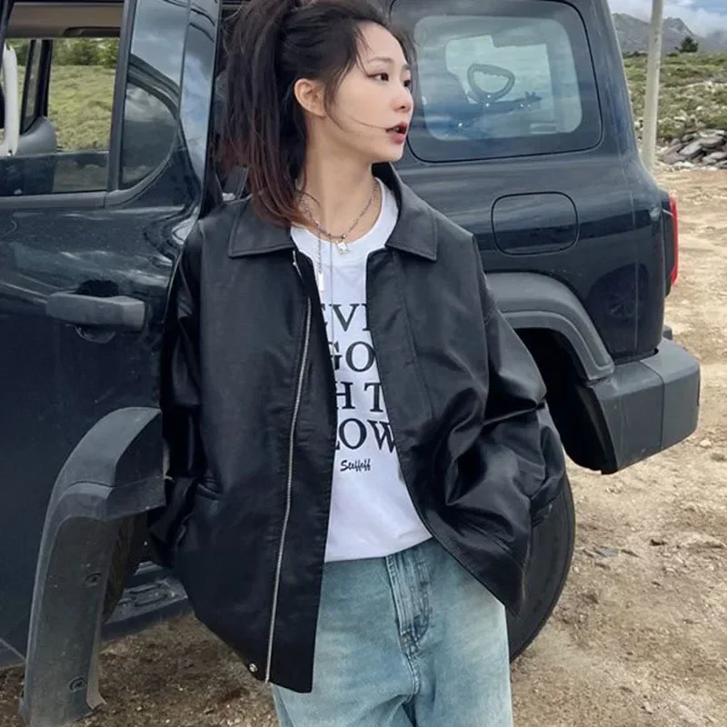 Gidyq-Chaqueta Vintage de Pu para mujer, ropa de calle de moda americana negra, abrigo de gran tamaño, chaqueta informal holgada de cuero sintético