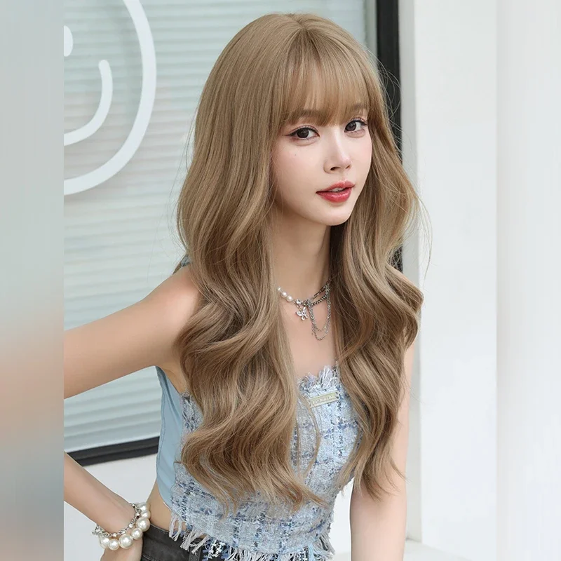 NAMM Costume Wig Long Loose Wavy Light Brown Wig For Women Daily Party High Density Synthetic Layered Wavy Wigs With Bangs