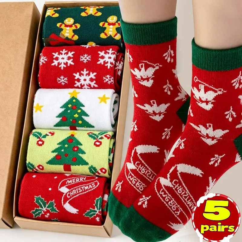1/5Pairs Christmas Cartoon Pattern Socks Spring Winter Cartoon Snowflake Santa Claus Elk Snow Sock Women Men Mid-tube Stockings