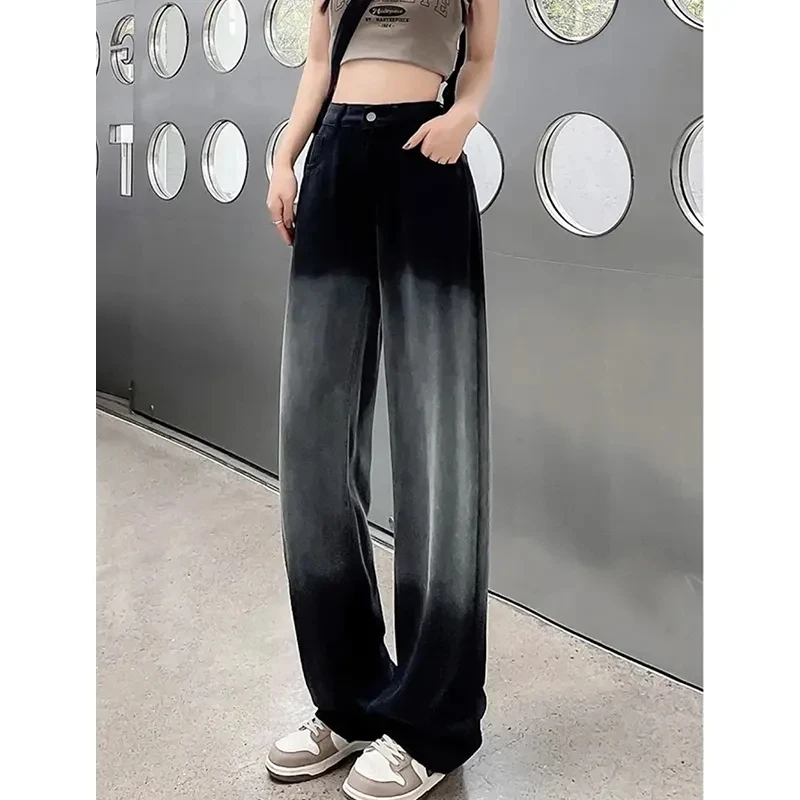 MiiiiX High-quality Gradient Wide-leg Jeans Women Pants Autumn High-waist Long Straight Denim Jeans Loose Full Length Trousers