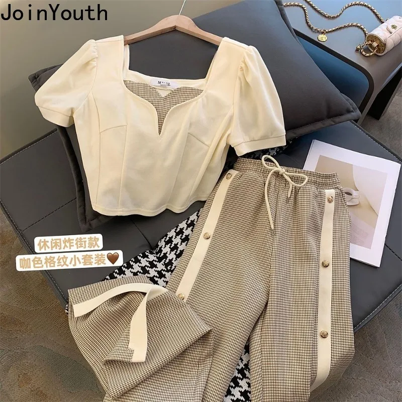 Two Piece Sets for Women Patchwork Crop Tops High Waist Straight Plaid Wide Leg Pants Outfits Roupas Femme Vintage Chic Suit