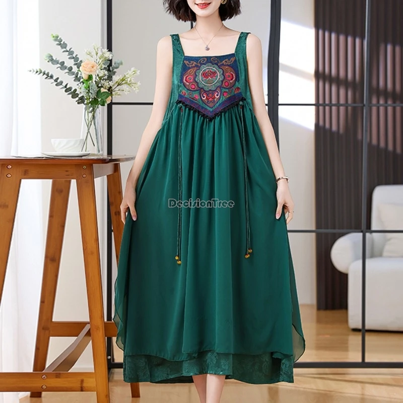 

2025 новое свободное платье без рукавов с квадратным воротником и вышивкой в китайском этническом стиле, эластичное свободное платье для женщин, повседневное платье в стиле ретро t01