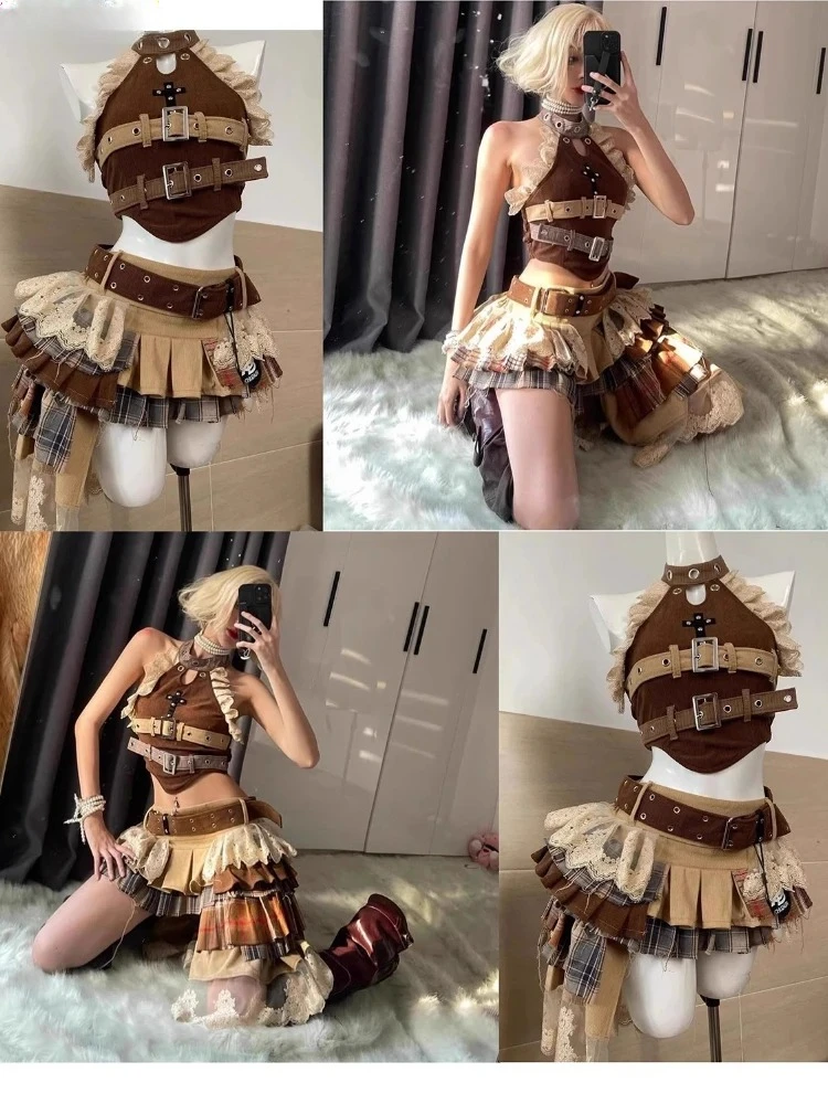 Conjuntos de 2 piezas Vintage elegante Y2K para mujer, Tops cortos sin tirantes góticos Punk + falda con volantes de cintura alta, trajes de fiesta para mujer 2025