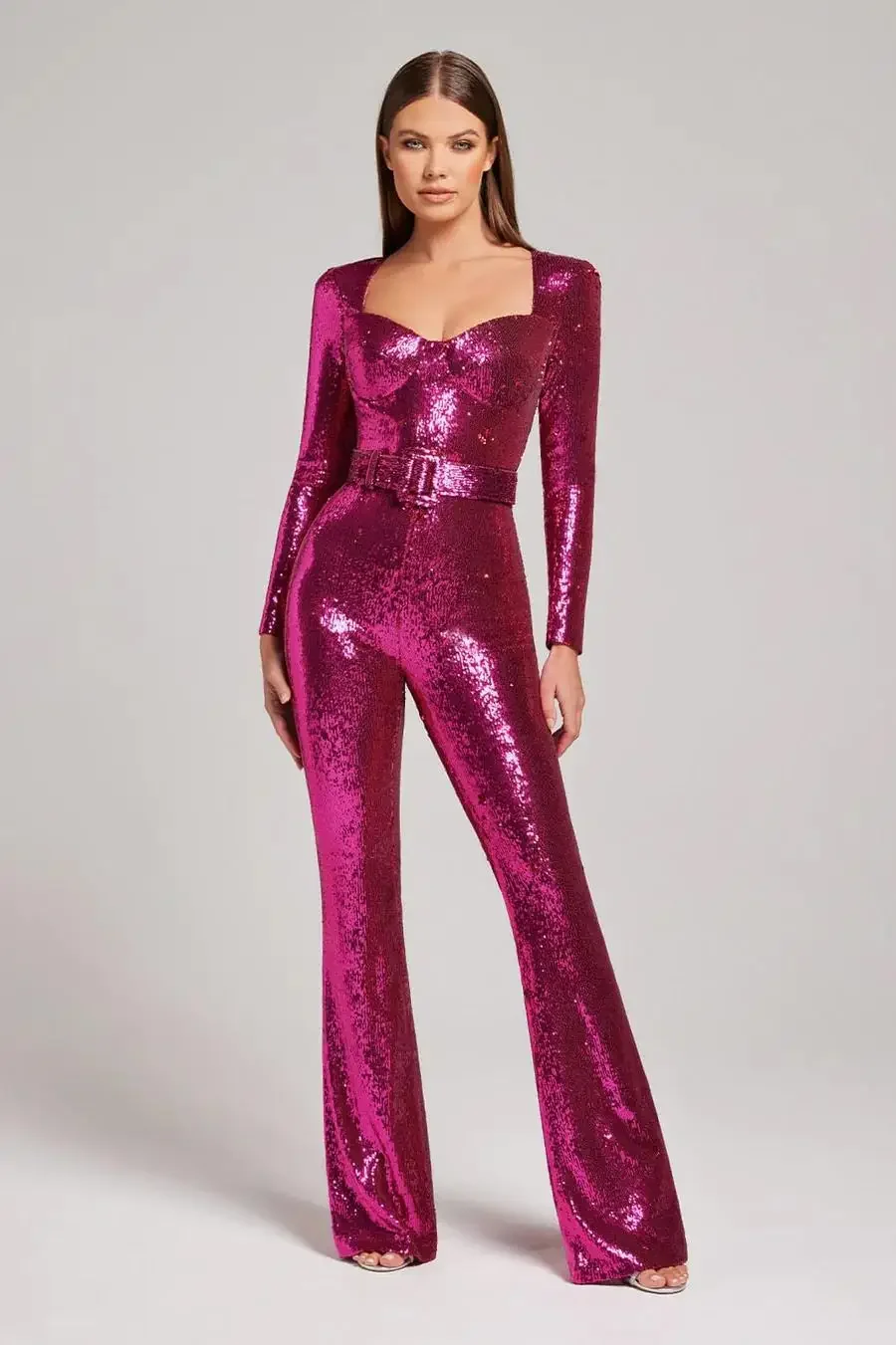 

Sequins Women Party Jumpsuit Elegant Sexy Square Neck Female Slim Playsuits Ladies Long Sleeve Clubwear Rompers