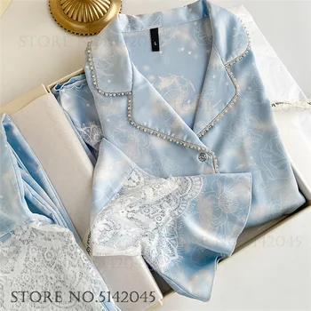 럭셔리 실크 새틴 잠옷 여성 잠옷 세트, 패션 비즈 레이스 홈 의류, 바지 정장 용수철, 루즈 라운지웨어, 2 개