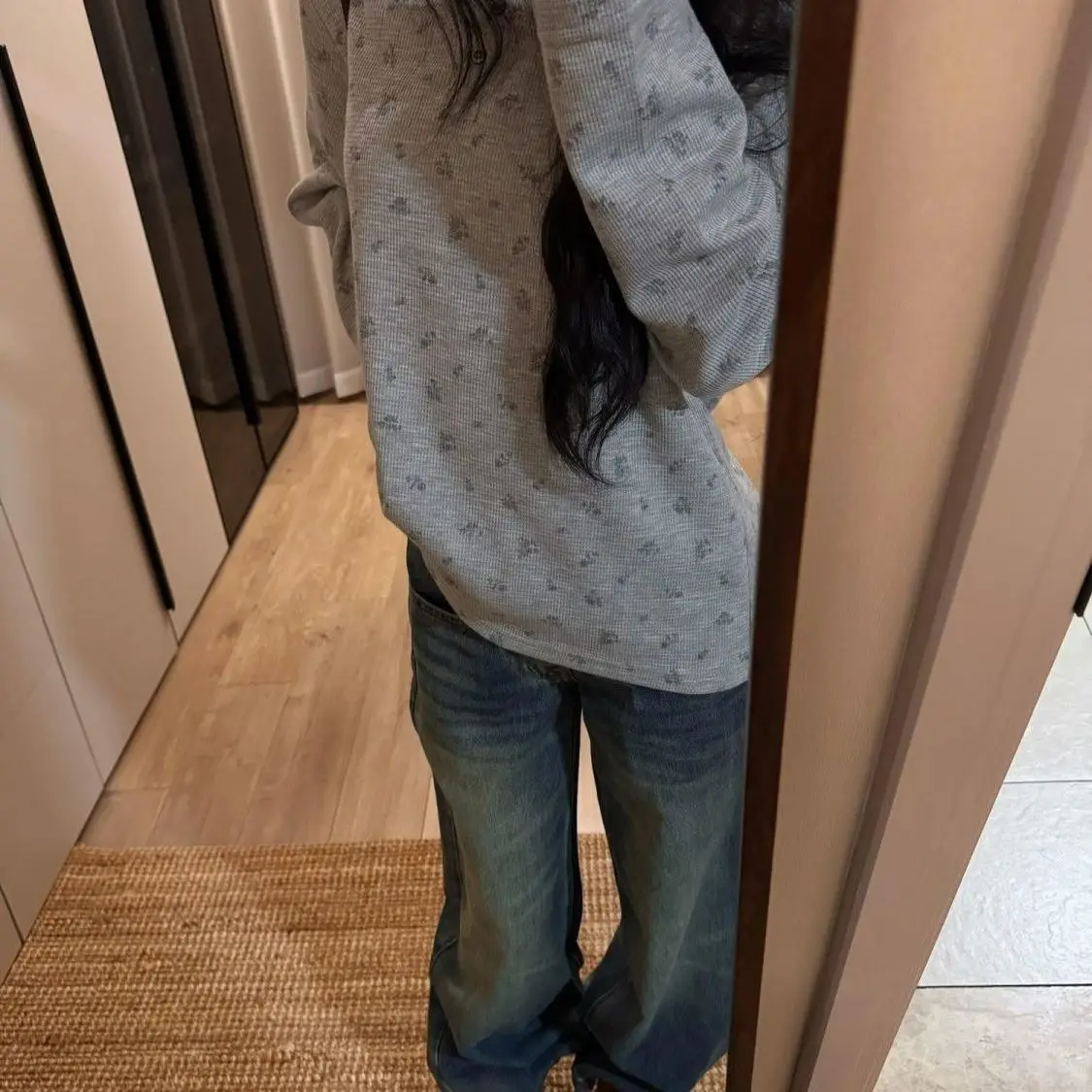 미국 Y2K 롱 슬리브 버튼 라운드 넥 티셔츠 루즈핏 가을 한국 스타일 여성용 레이지 슬리 플로럴 프린트