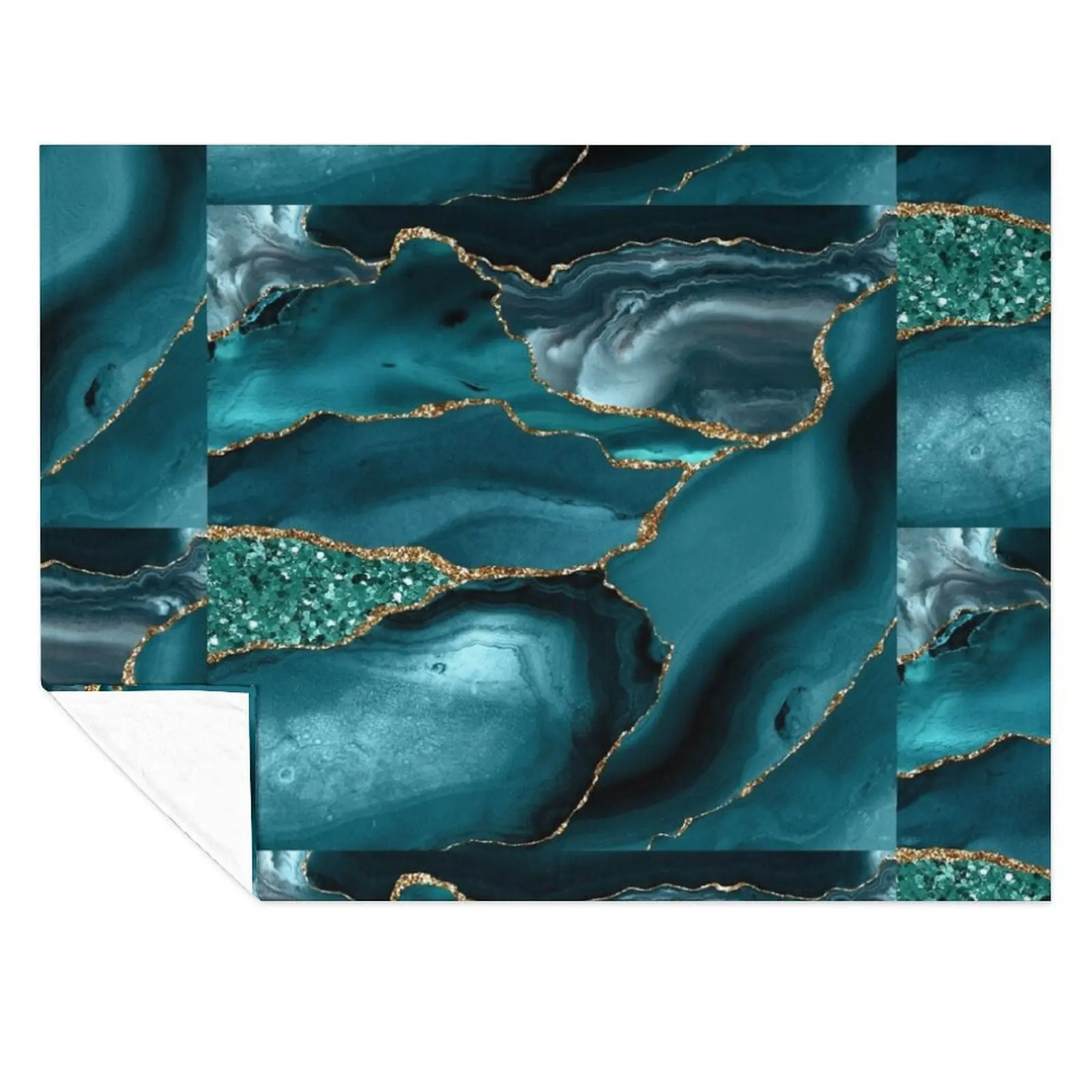 

Abstract Teal Blue and Gold Glitter Modern Geode Agate Design Throw Blanket Tourist Bed covers Polar Blankets