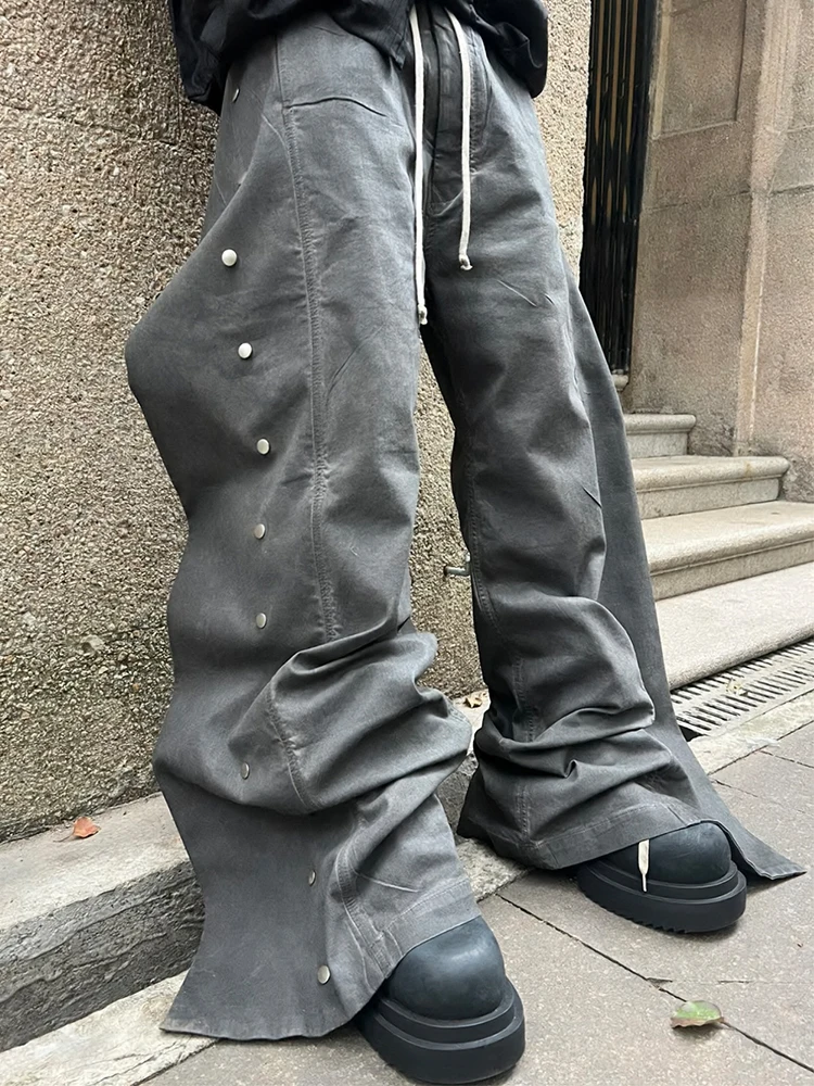 Gewassen oud vuil geverfd profiel dubbele rij knopen grijze rechte wijde pijpen werkkleding denim broek losse heren