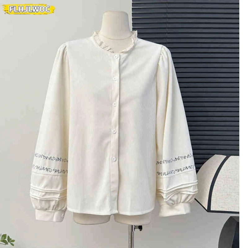 Tweedelige shirtjurken Art Mori meisjes lange jurk vrouw retro vintage Japanse stijl schattige zoete ruches borduurwerk corduroy jurk