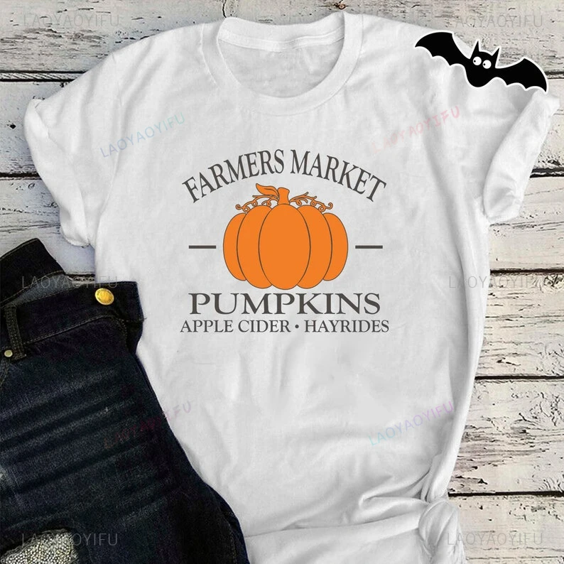 Farmers Market Fall Pumpkins Cider Hayrides Fall Season Halloween Graphic T Shirts Jack Lanterns Cotton Woman Man Candy T-shirt