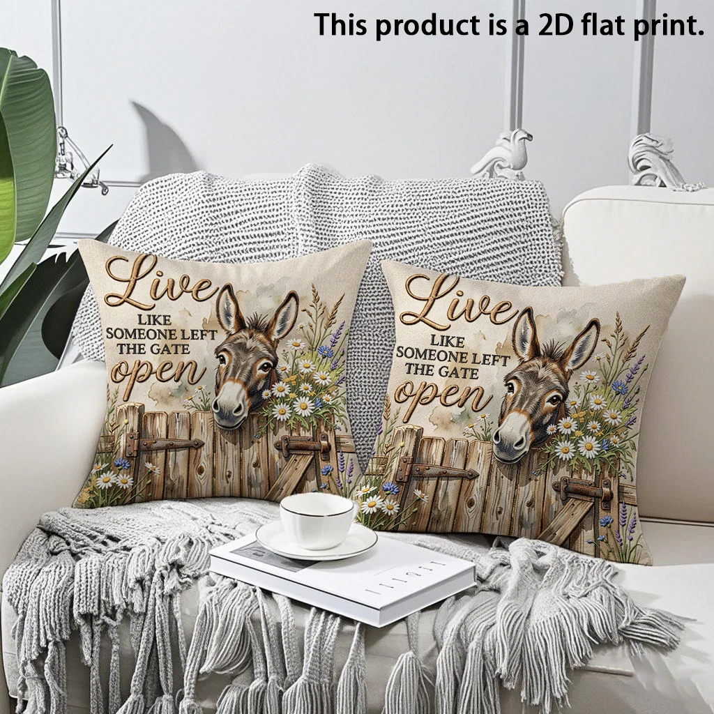 2pcs Rustic Farmhouse Donkey Throw Pillow Covers Live Like Someone Left The Gate Open Decorative Cushion Cases for Home Sofa