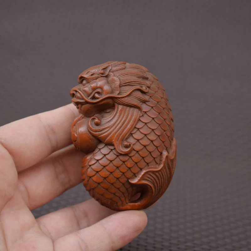 

Exquisite Chinese boxwood carved divine beast Chi Wen dragon fish statue handle piece classical handicraft