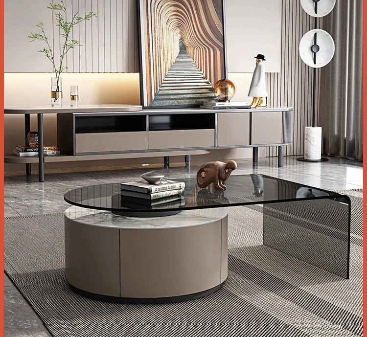 

Round coffee table tempered glass simple modern rock slab rotatable coffee table