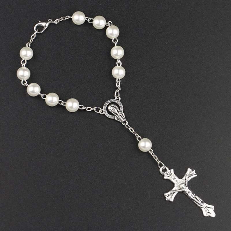 2PCS white Artificial Pearls Bead Rosary Bracelets Catholic Prayer Beads First Communions Gifts Baptism Rosary Party Favors