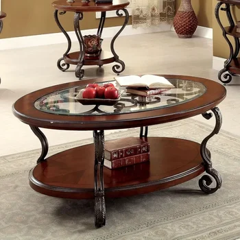 Image Traditional Style Oval Coffee Table with Tempered Glass Top, 2-story Cocktail Table with Open Storage Rack Living Room Furniture