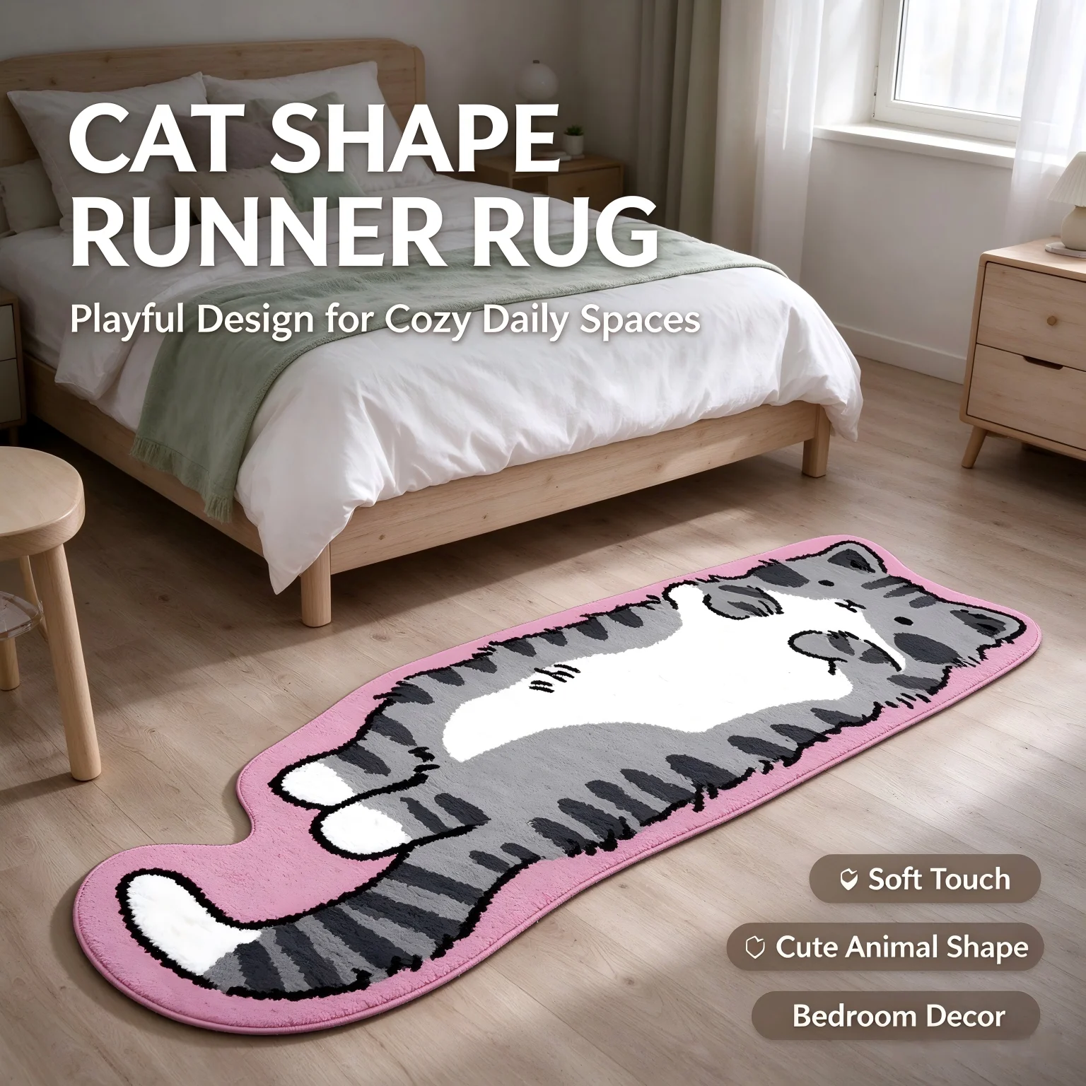 Kawaii Cat Tufted Rug 20x60 Soft Non Slip Polyester Animal Print Floor Runner for Bedroom Living Room Funny Cat Decor Gift for Cat Lovers Indoor Carpet