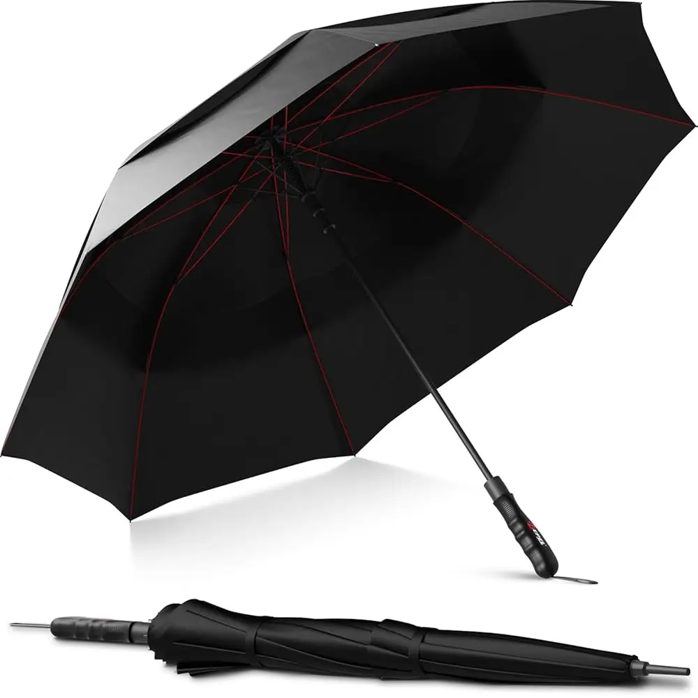 

Extra Large Windproof Golf Umbrella - Covers 2 People - 60\ Wide Vented Double Canopy with Reinforced Fiberglass Ribs, Water