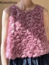 Kimotimo Purple 3D Rose Flowers Vest Crop Top Women Summer Fashion Short Sleeveless Y2k Tanks Off Shoulder Slim Outwear Camis