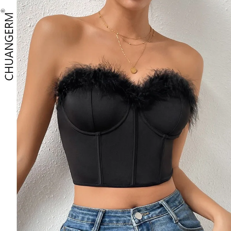 Chuangerm sexy Korsett Hottie Patchwork rücken freie Federn Stahlring Fischgräten weste ärmellose träger lose Body shaper Bustier Top