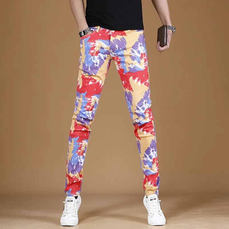 

Summer thin print jeans men's fashion brand Korean version of the slim small feet high-end men's casual all-match elastic pants