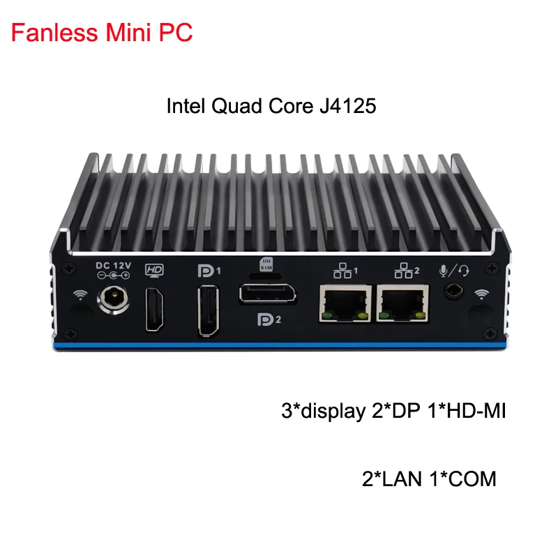 Celeron J4125 Intel Quad Core Fanless Soft Router 3*Display 2*DP 3*HD-MI Pfsense firewall Mini PC Windows11 2*LAN 1COM Computer