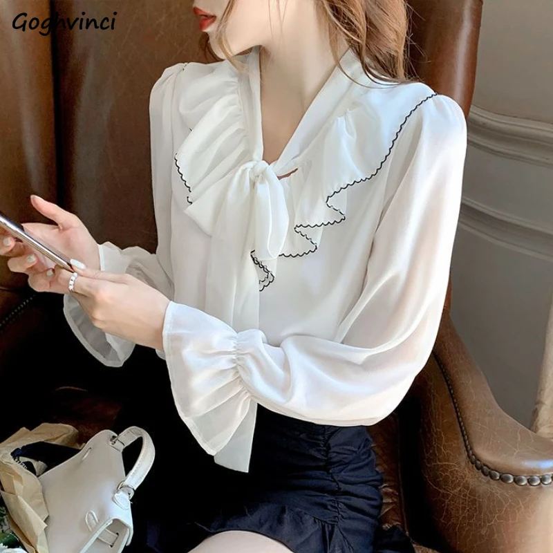 

Petal Sleeve Blouses Women Sweet Ruffles Tender Stylish Lace-up Korean Style Feminine Elegant High Street Basics College Spring