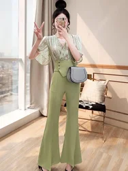 Green Ruffle Women's Top and Pants Two Piece Set Holiday Outfits Ladies Trouser Bottom with Sleeve Wholesale Bulk Outfit Clothes