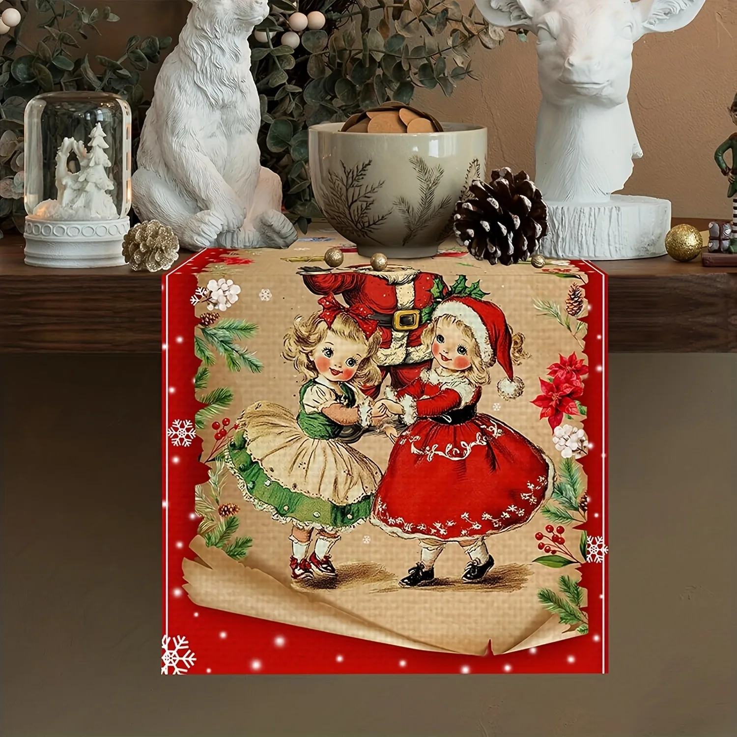 Vintage Santa Kids Christmas Table Runner Retro Xmas Element Print Red Border Fabric Table Flag Holiday Family Party Dining Home