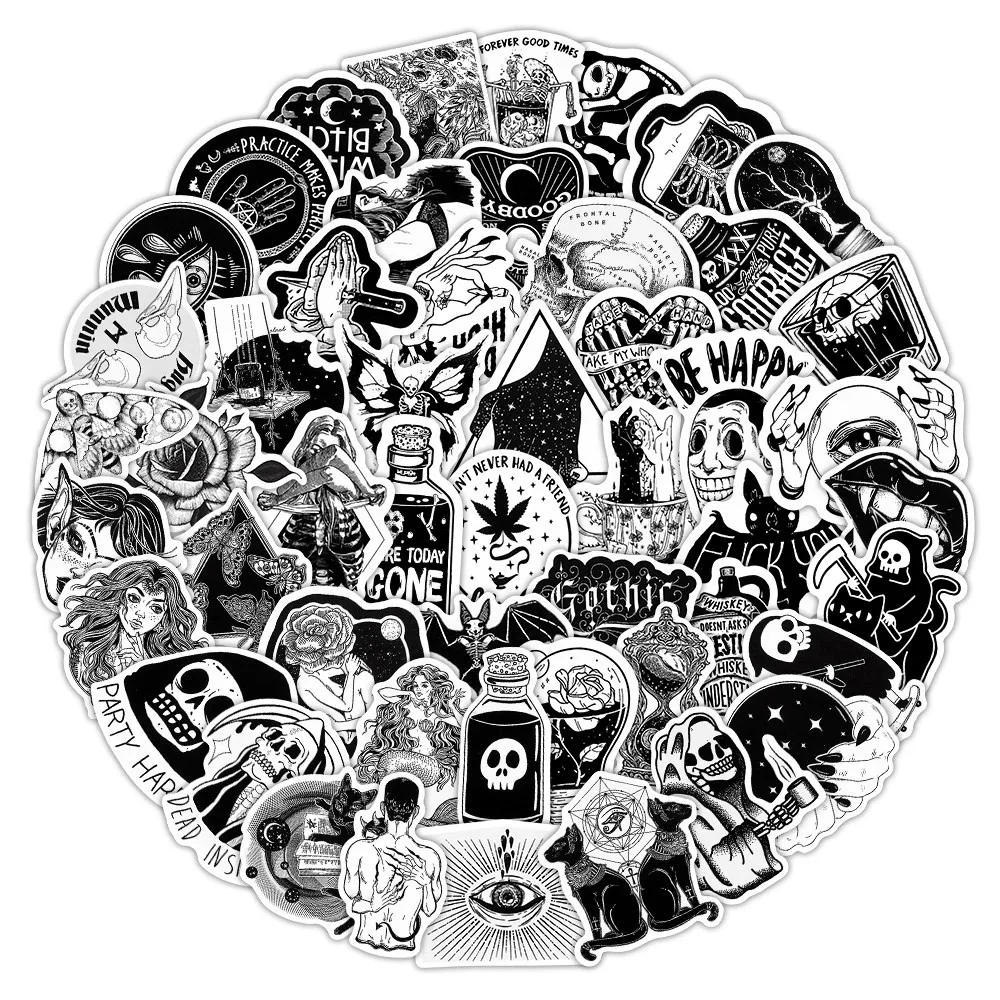 100 Sheets Bulk Black & White Gothic Stickers for Cosplay & Party Supplies