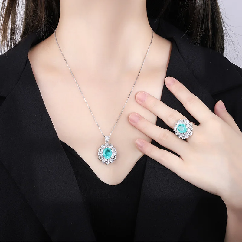 brand genuine Luxury real jewels Emerald banquet Diamond Pendant simulation palaiba ring Lady Green Jewelry Set high quality