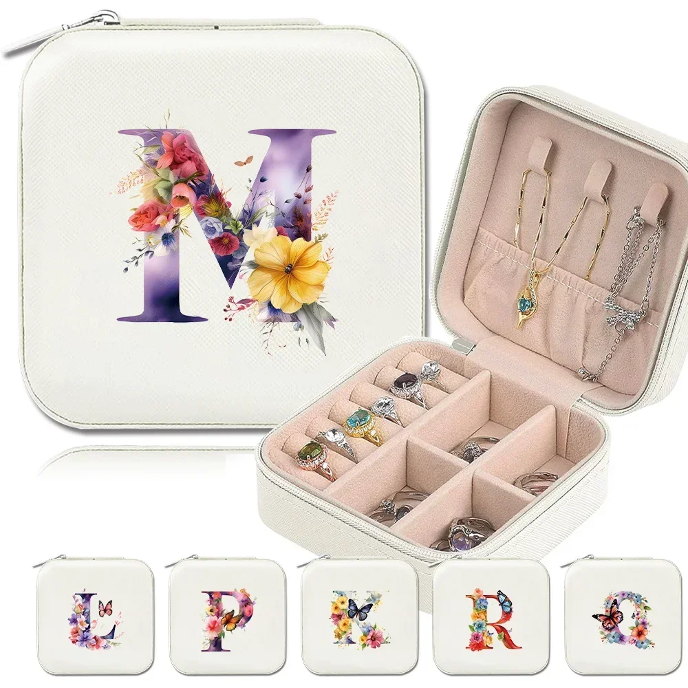 

Jewelry Box Travel Jewelry Case Organizer Leather Storage Earrings Necklace Ring Jewelry Organizer Butterfly Letter Pattern