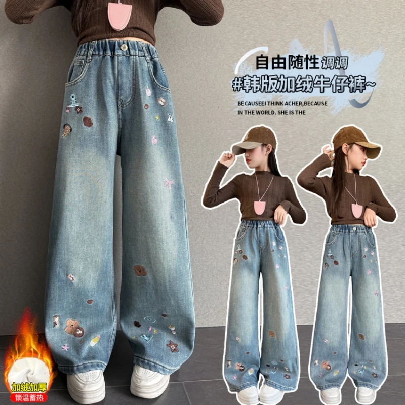 

Women's Cartoon Loose Denim Long Pants, Embroidered Denim Straight-leg Pants, Wool-lined Winter Long Pants