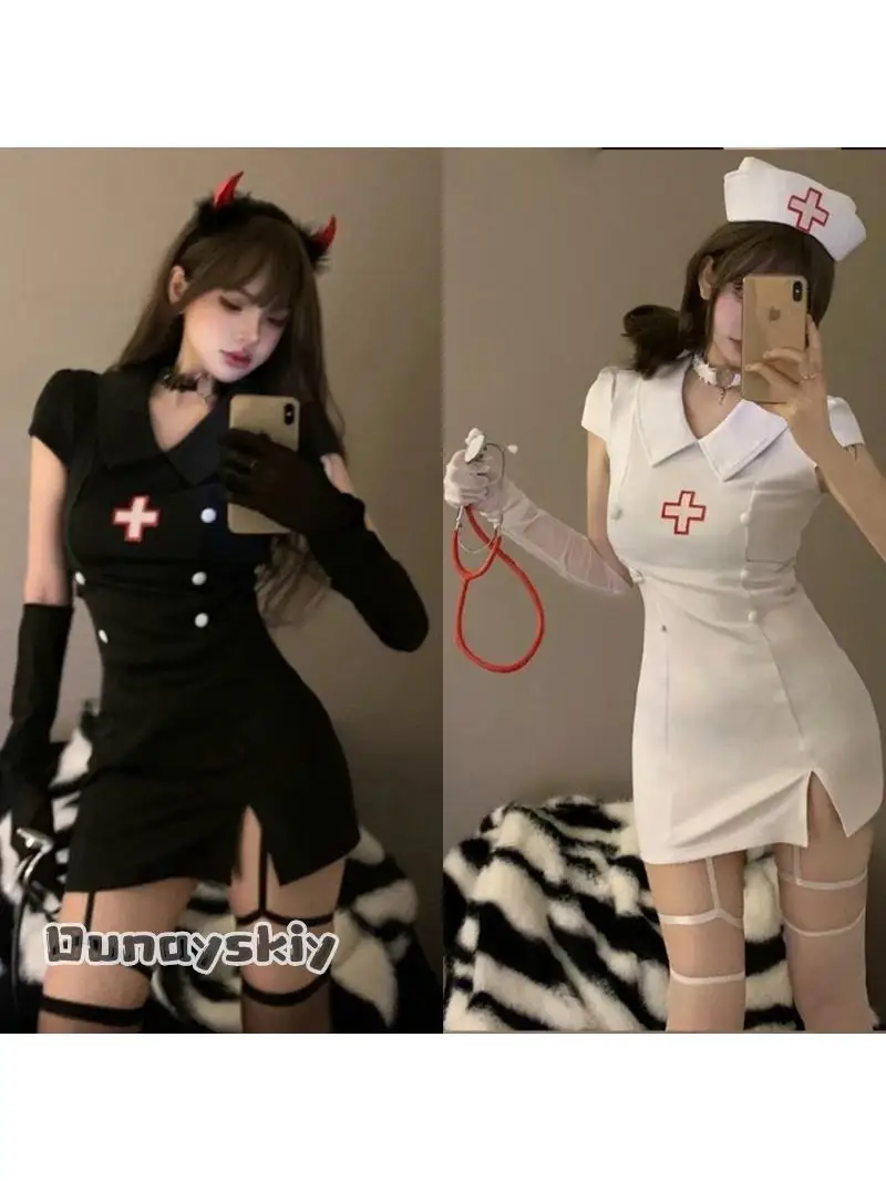 Costume de Cosplay d'halloween du diable foncé, ensemble uniforme d'infirmière du diable Sexy, robes noires et blanches pour femmes, costumes de jeu de rôle d'halloween
