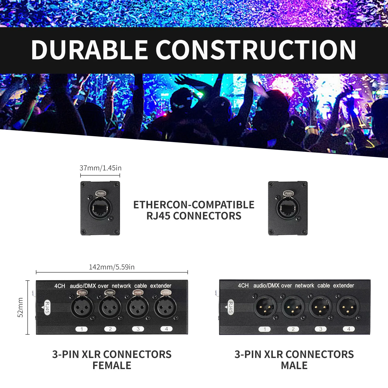 

1PCS XLR to rj45 4-Channel XLR/DMX Audio Extender Transceiver RJ45 Cat5/Cat6 Ethernet Live Stage Recording Studio XLR Extender