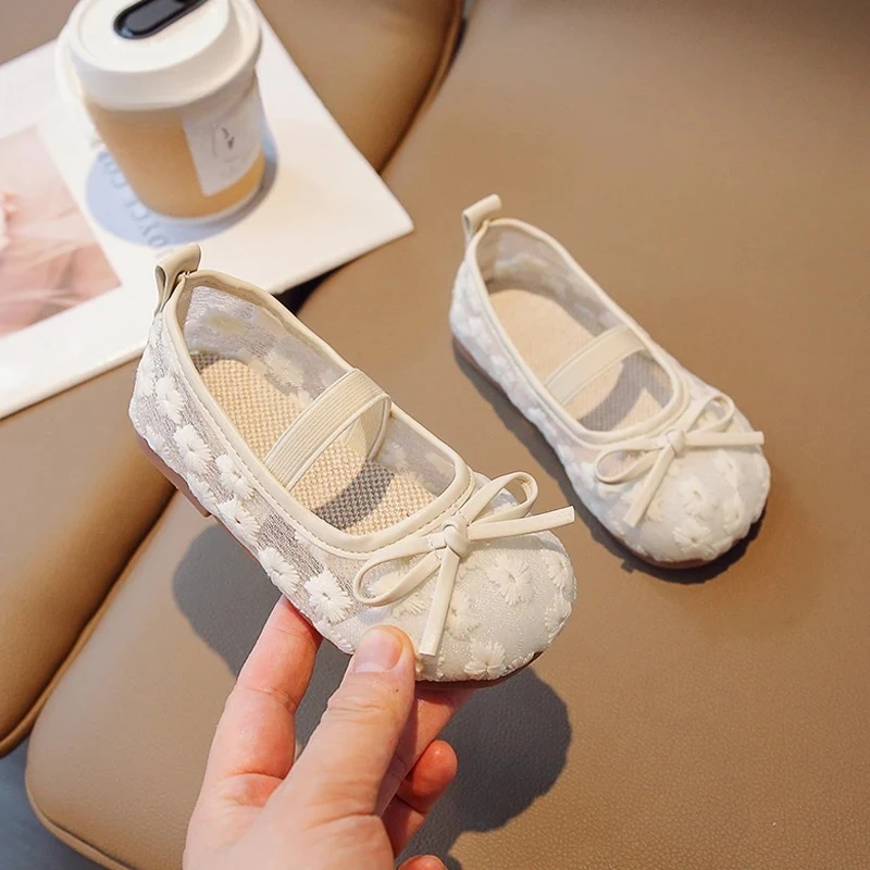 Floral Embroidery Lace Ballet Flats Baby Girls 2026 Summer New Breathable Mesh Ballerinas Kids Cute Wedding Party Dress Shoes