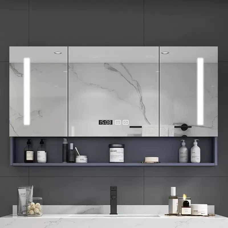 Cabinet With Separate Smart Bathroom Mirror Wall Mounted Light Defogging Bathroom Vanity Mirror Solid Wood With Storage Rack