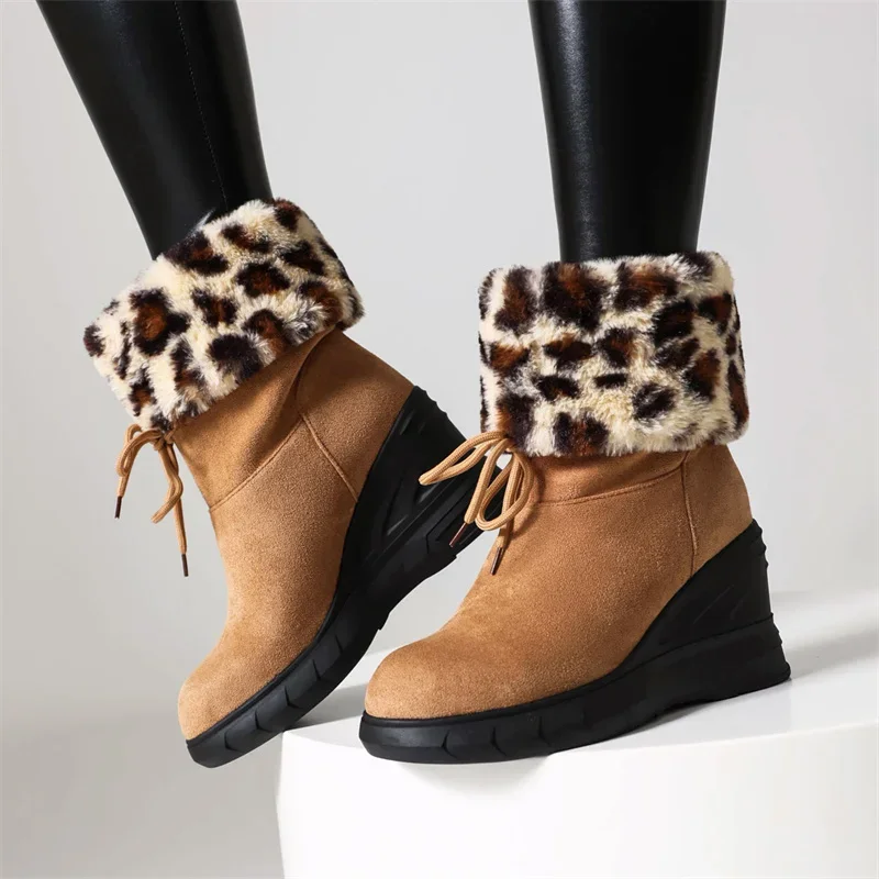 Retro Leisure Ankle Snow Boots Ladies Wedges High Heel Platform Lace-up Botas Black Camel Fur Women Shoes Outside 2023 Winter