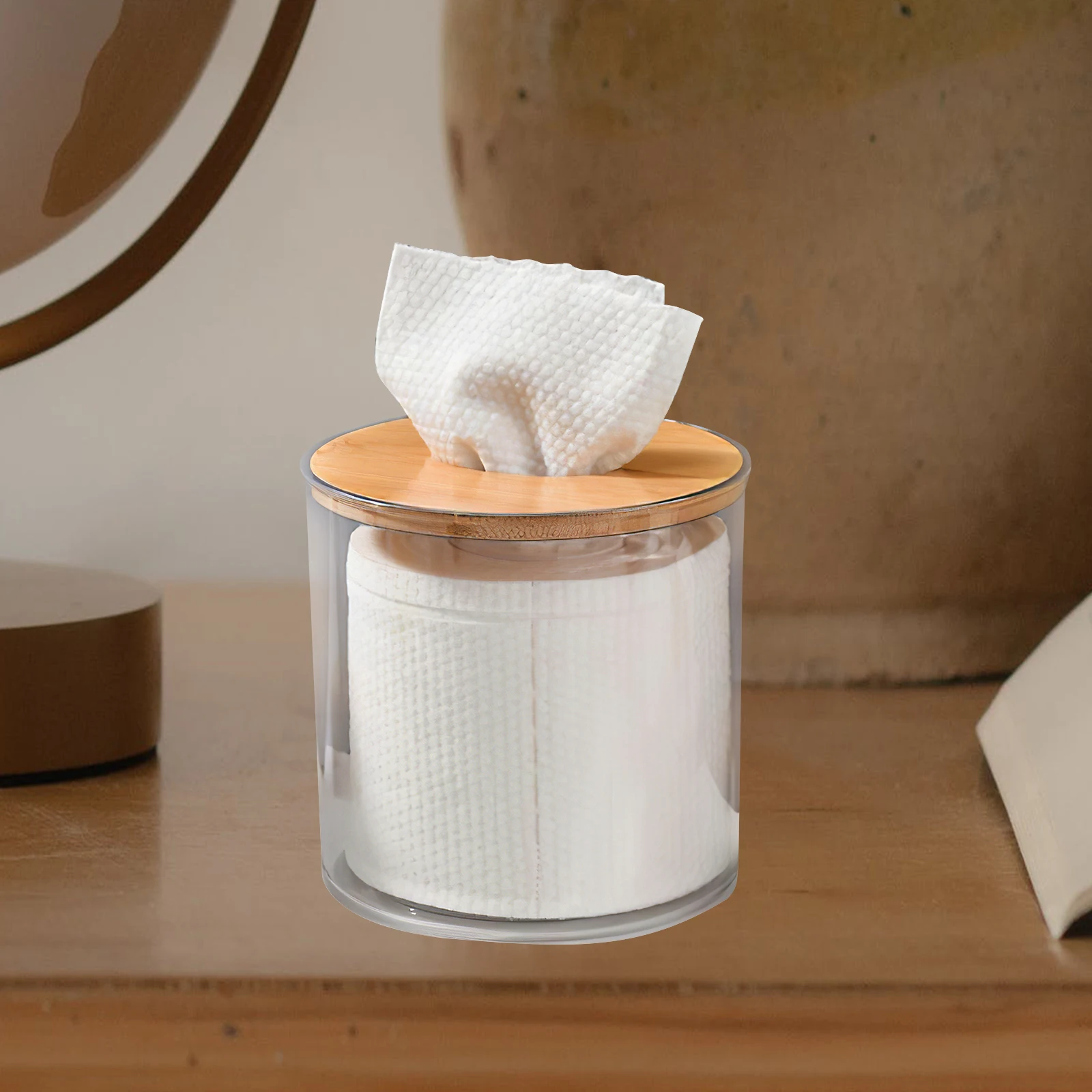 

Round Tissue Box Holder Storage Container Wood Lid Plastic Napkin Dispenser Bathroom Toilet Home Office Bedroom Living Room Car