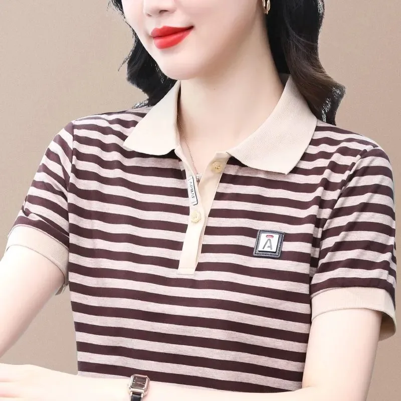 Striped Lapel Cotton Polo T Shirts Women Summer Loose Plus Size Slim Casual Basic Tops