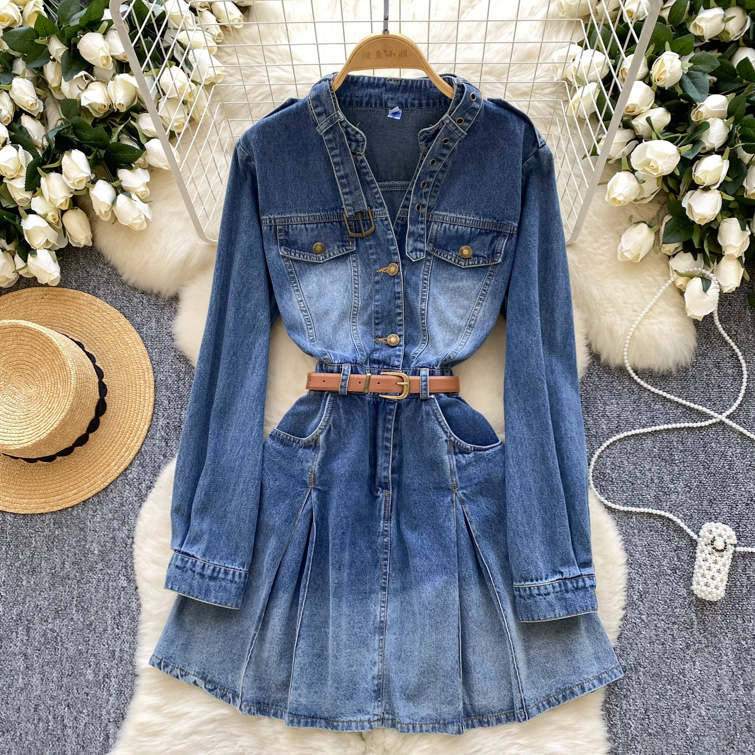 Women Design Sense Denim Pleated Dresses  Vintage Distressed Stand Collar Belt Denim Dress