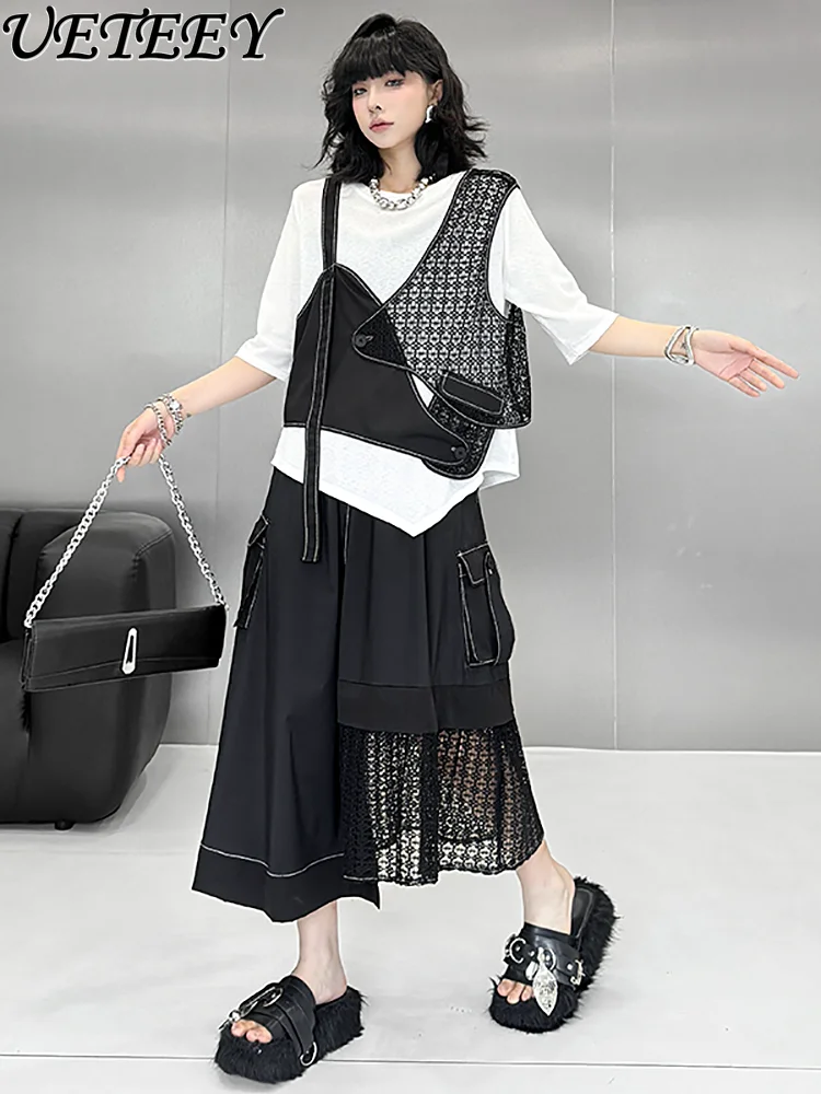 

Spring and Summer New Grid Splicing Fashion Suit Personalized Short Outer Vest + High Waist Elastic A-word Skirt Two Piece Set