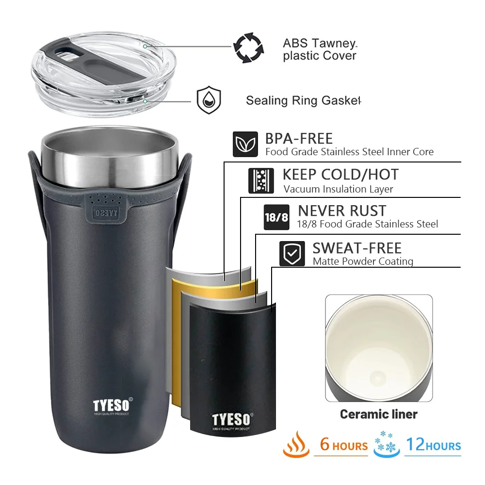 Tyeso Cup Thermal Tumbler  Thermal Water Bottle Coffee Travel Mug Stainless Steel Hot Coffee Thermos  Insulated Vacuum Flasks