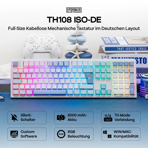 Imagen 2 del producto Teclado Mecánico Inalámbrico ISO-DE Layout EPOMAKER TH108 100% Tamaño Completo, Cableado/BT/2.4Ghz, con Iluminación RGB, 8000mAh para Mac/WIN