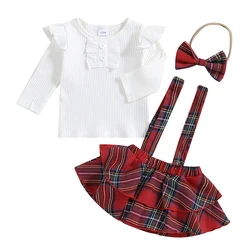 Baby Girls 3Pcs Christmas Outfits Long Sleeve Ruffle Tops Suspender Skirt Headband Set